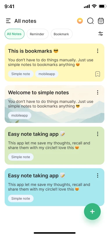 Notepad app home screen with colored notes