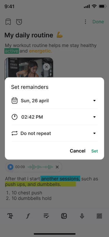 Set reminder dialog with date, time and repeat