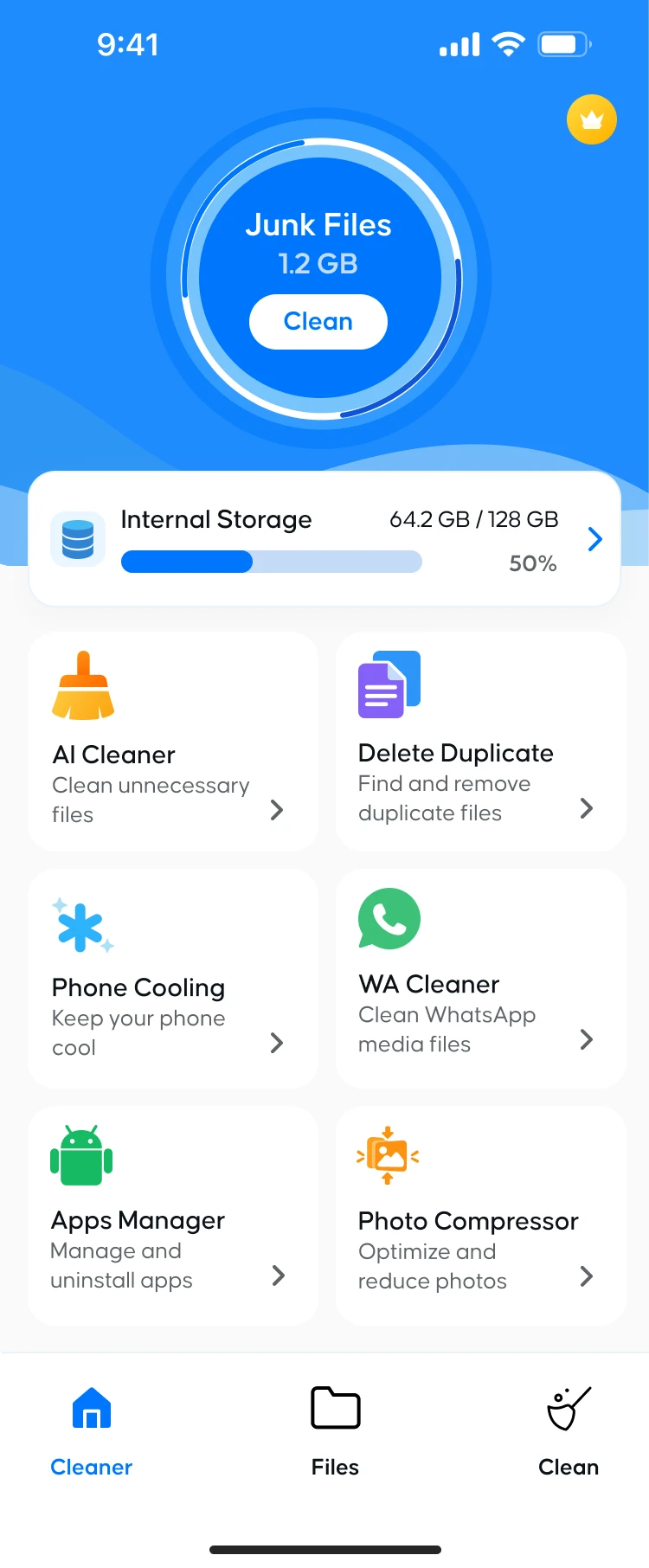 Phone Cleaner app home screen